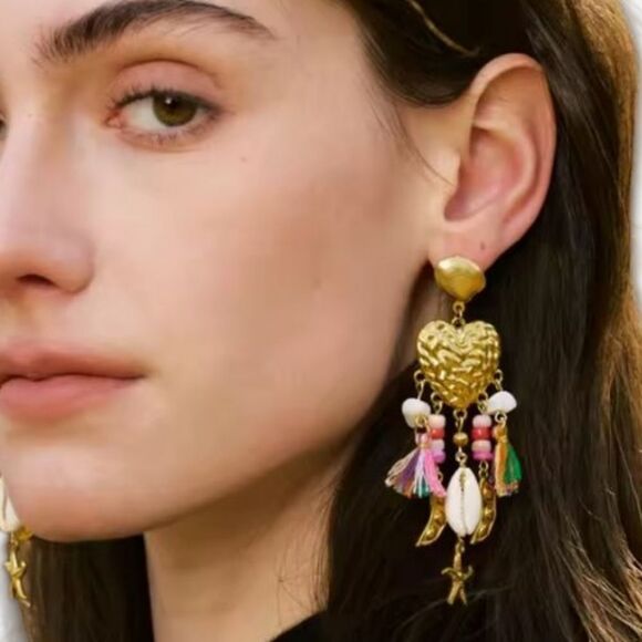 New ANTHRO Gold Ss Seashell Heart Beaded Tassel  Starfish Dangle Earrings - Picture 1 of 12